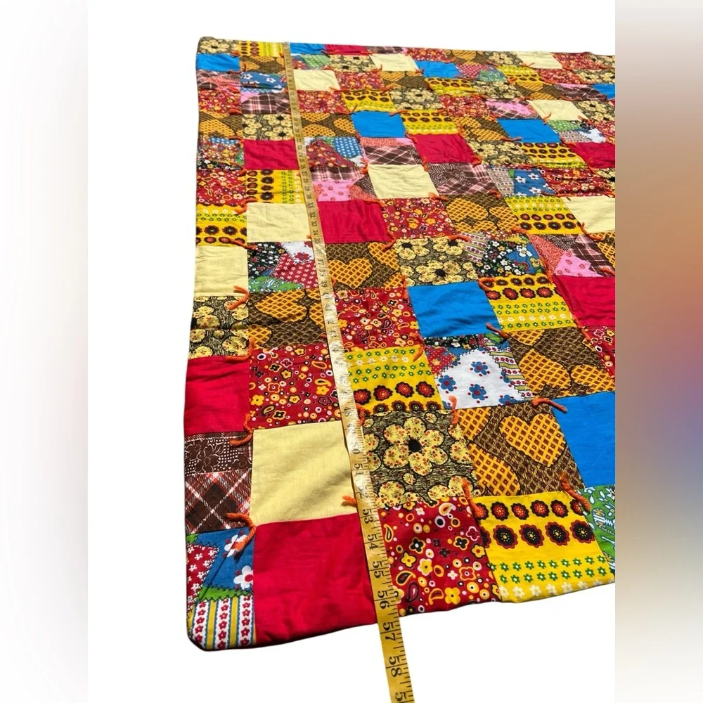 VTG 60s 70s 85x57 Folk Patchwork Boho Quilt Colorful Groovy Retro Handmade OOAK